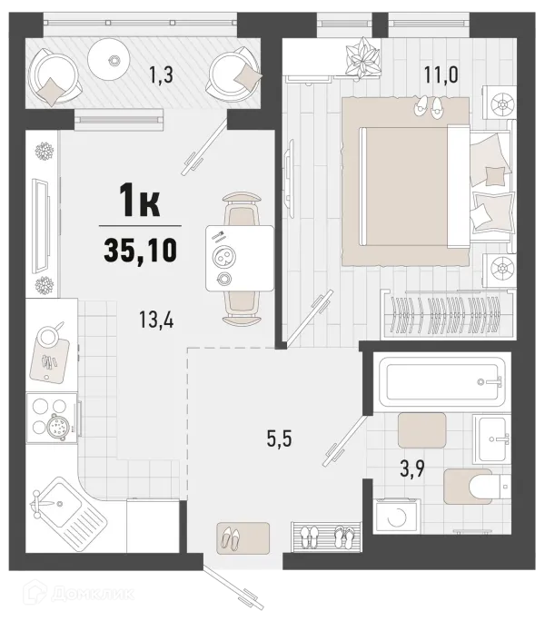 Планировка 1 комн. в ЖК Барса