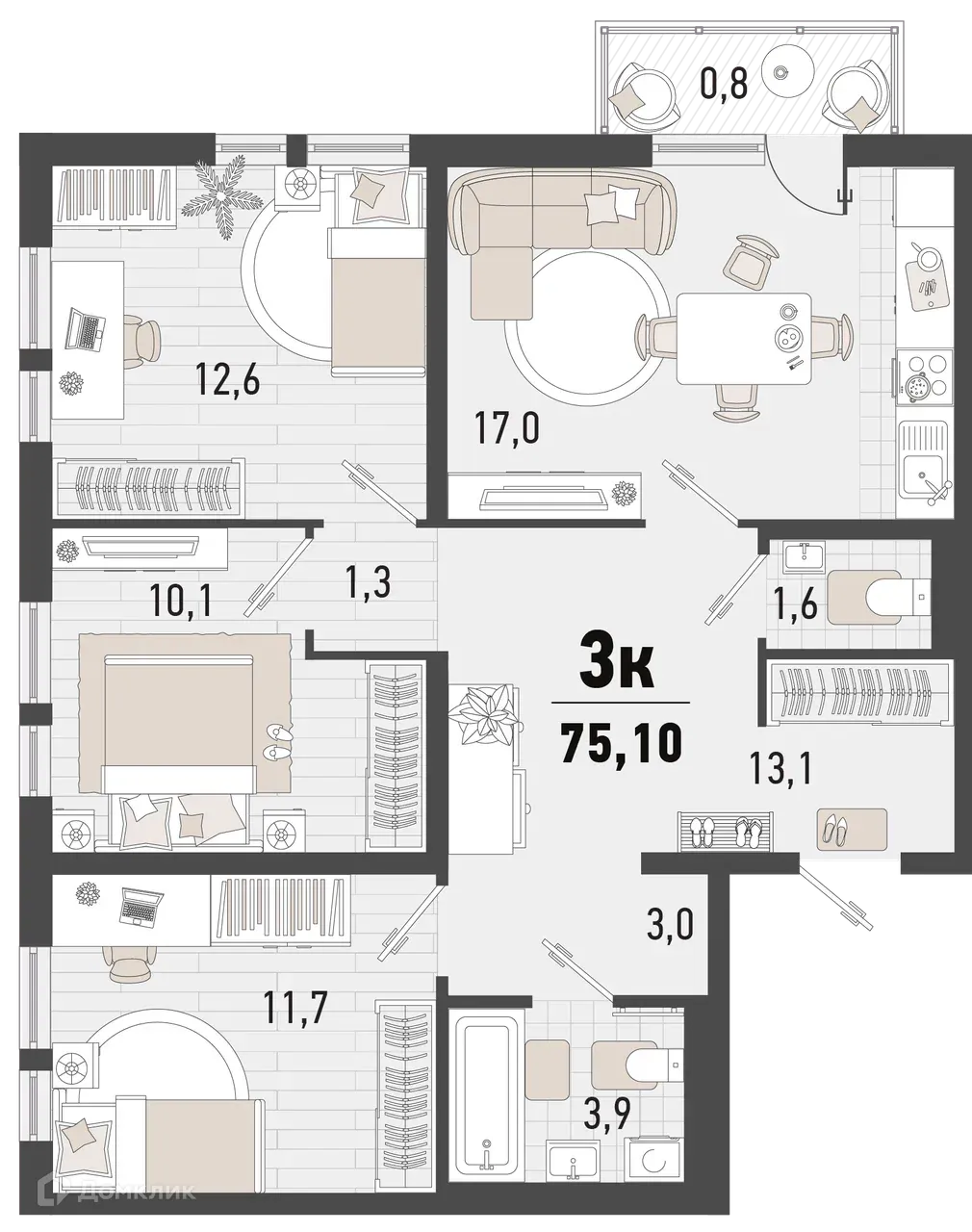 Планировка 3-комнатной квартиры 75.1 м² в ЖК Барса, г. Новороссийск — фото 1