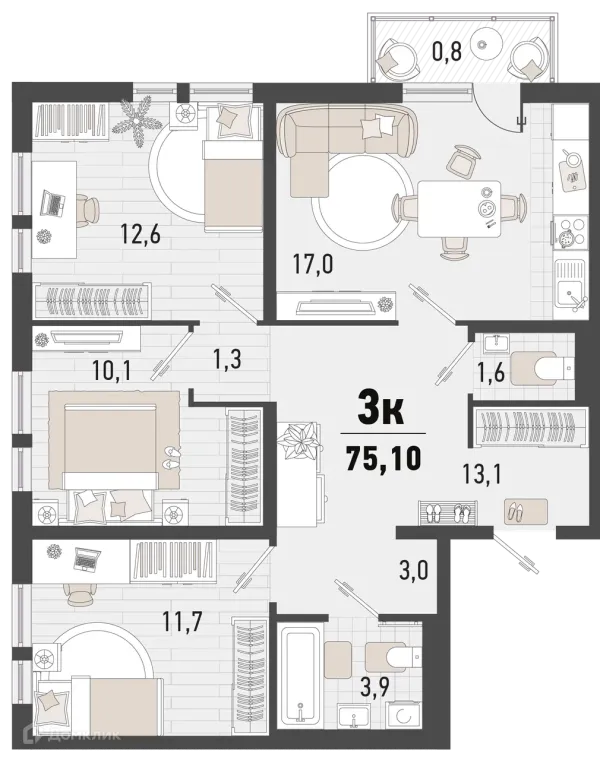Планировка 3 комн. в ЖК Барса