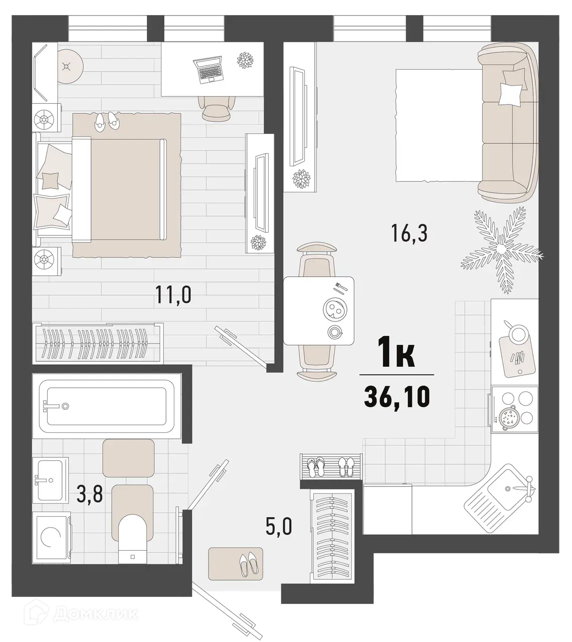 Планировка 1-комнатной квартиры 36.1 м² в ЖК Барса, г. Новороссийск — фото 1