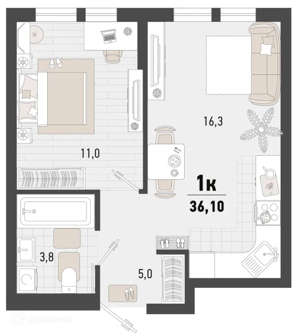 Планировка 1 комн. в ЖК Барса
