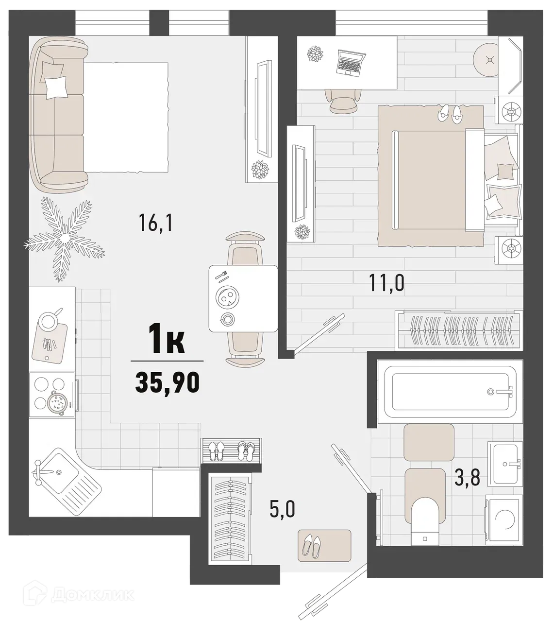 Планировка 1-комнатной квартиры 35.9 м² в ЖК Барса, г. Новороссийск — фото 1