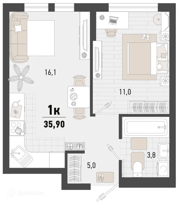 Планировка 1 комн. в ЖК Барса