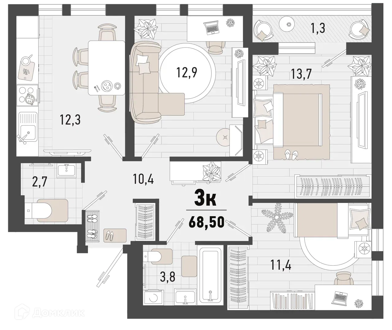 Планировка 3-комнатной квартиры 68.4 м² в ЖК Барса, г. Новороссийск — фото 1