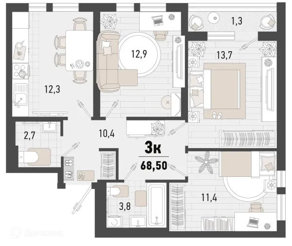 Планировка 3 комн. в ЖК Барса
