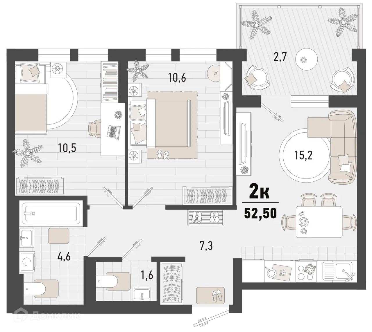 Планировка 2-комнатной квартиры 52.5 м² в ЖК Барса, г. Новороссийск — фото 1