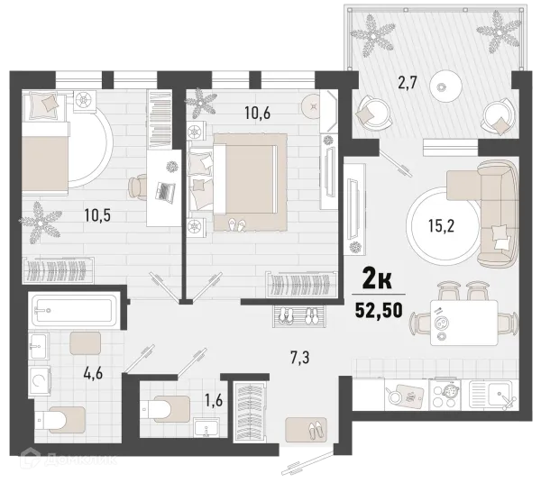 Планировка 2 комн. в ЖК Барса