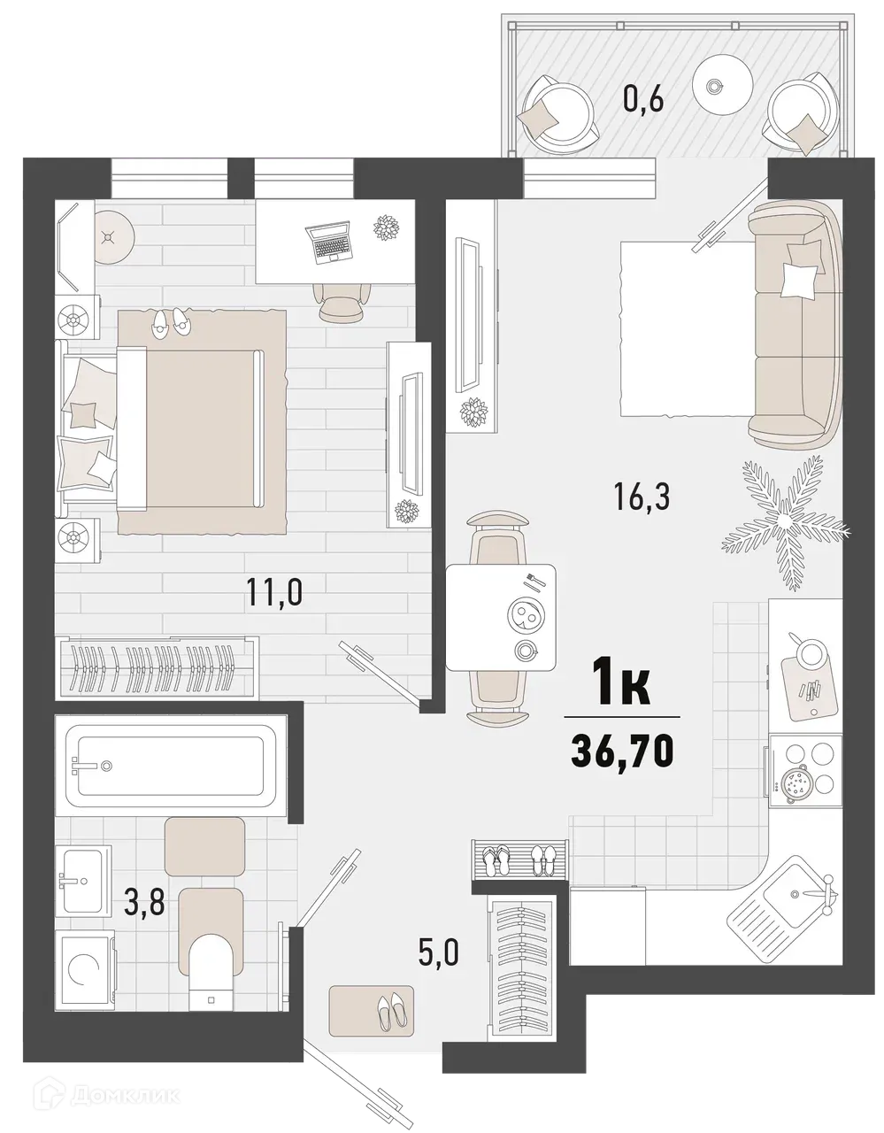 Планировка 1-комнатной квартиры 36.7 м² в ЖК Барса, г. Новороссийск — фото 1