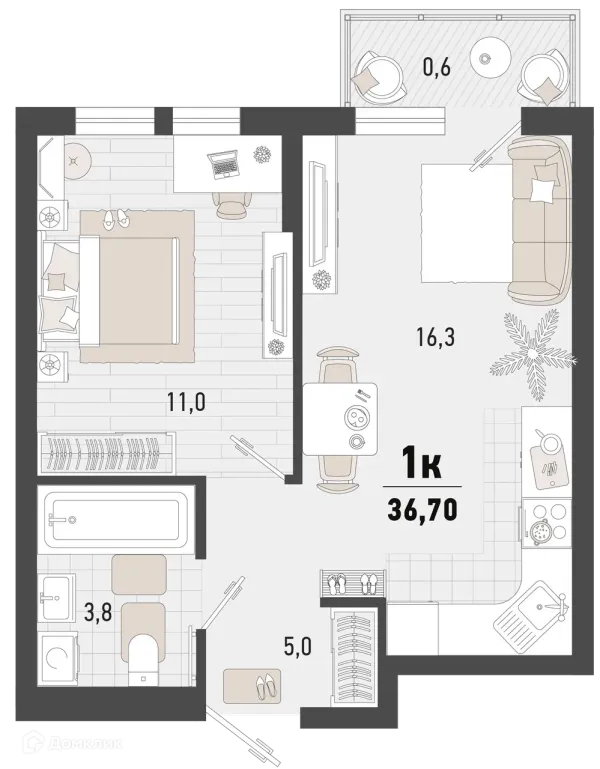 Планировка 1 комн. в ЖК Барса