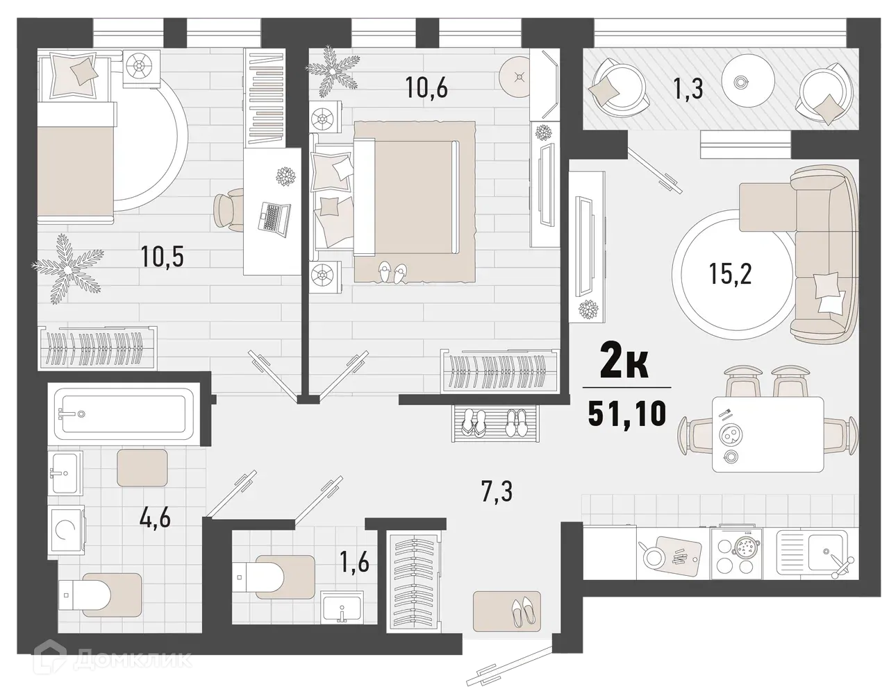 Планировка 2-комнатной квартиры 51.1 м² в ЖК Барса, г. Новороссийск — фото 1
