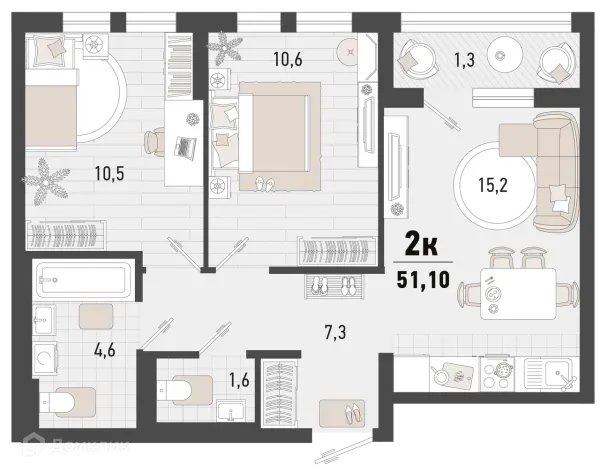 Планировка 2 комн. в ЖК Барса