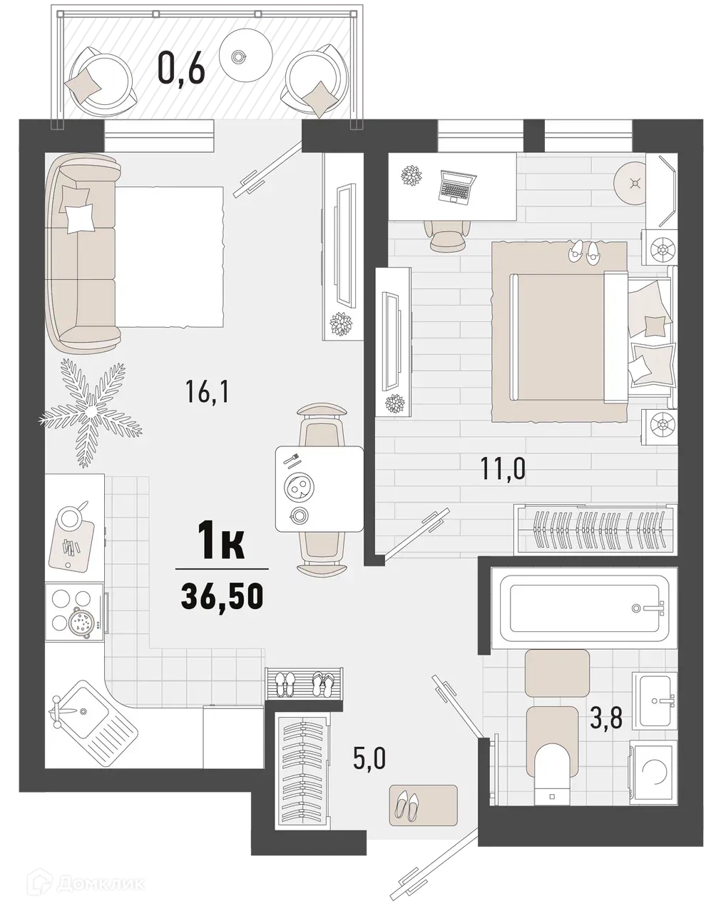 Планировка 1-комнатной квартиры 36.5 м² в ЖК Барса, г. Новороссийск — фото 1