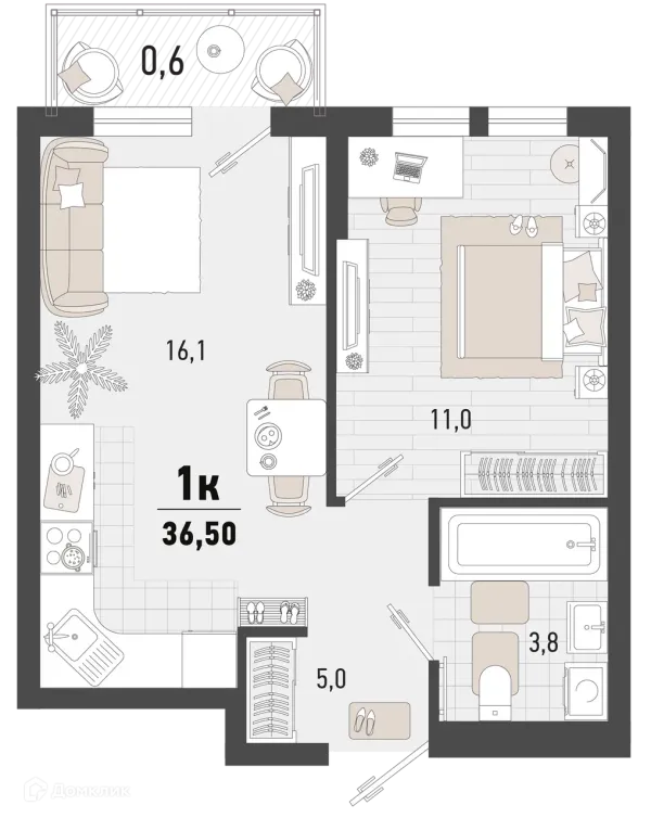 Планировка 1 комн. в ЖК Барса