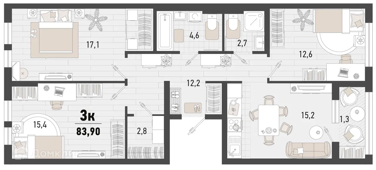 Планировка 3-комнатной квартиры 83.9 м² в ЖК Барса, г. Новороссийск — фото 1