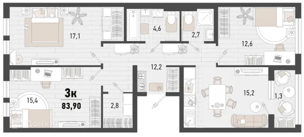Планировка 3 комн. в ЖК Барса