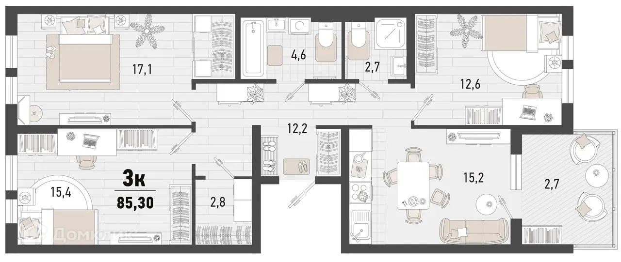 Планировка 3-комнатной квартиры 85.1 м² в ЖК Барса, г. Новороссийск — фото 1