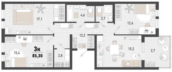 Планировка 3 комн. в ЖК Барса