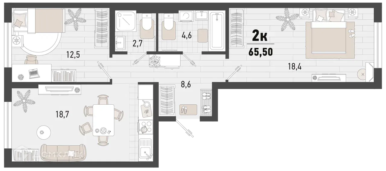 Планировка 2-комнатной квартиры 65.5 м² в ЖК Барса, г. Новороссийск — фото 1