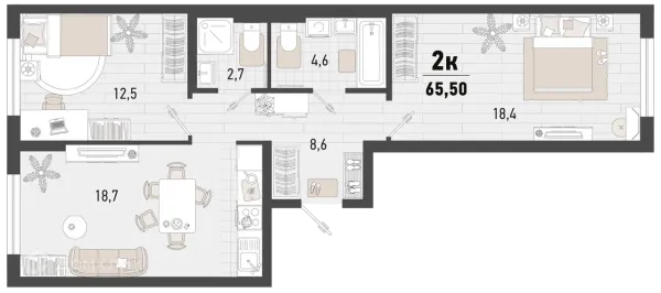 Планировка 2 комн. в ЖК Барса