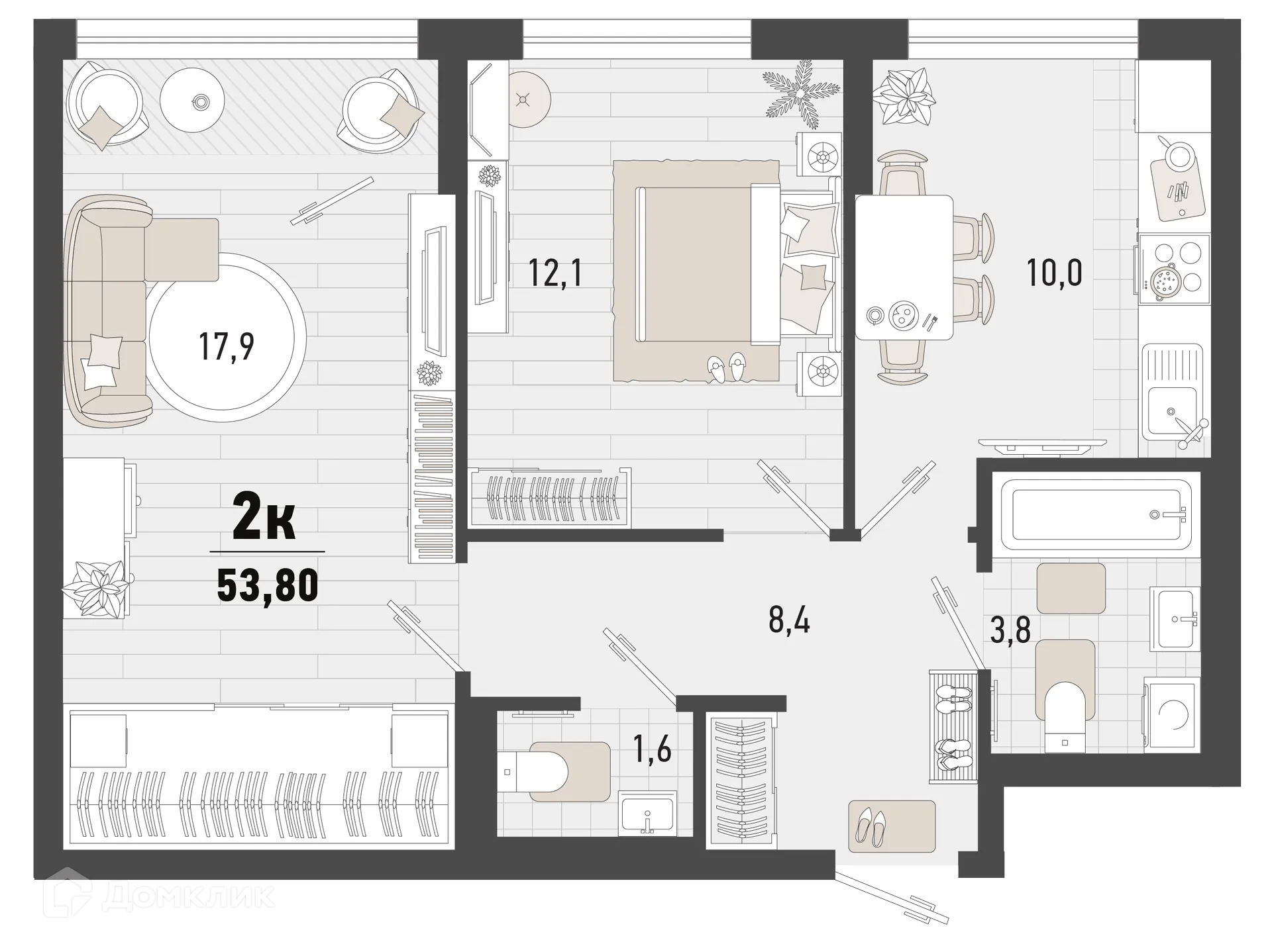 Планировка 2-комнатной квартиры 53.8 м² в ЖК Барса, г. Новороссийск — фото 1