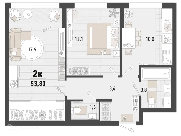 Планировка 2 комн. в ЖК Барса
