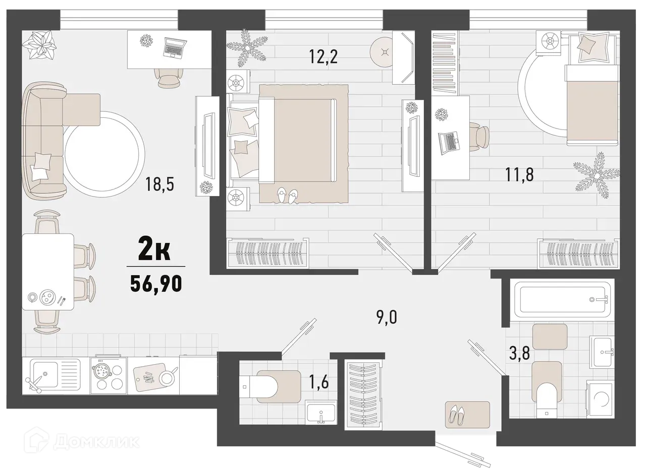 Планировка 2-комнатной квартиры 56.9 м² в ЖК Барса, г. Новороссийск — фото 1