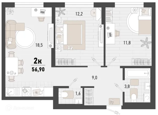 Планировка 2 комн. в ЖК Барса