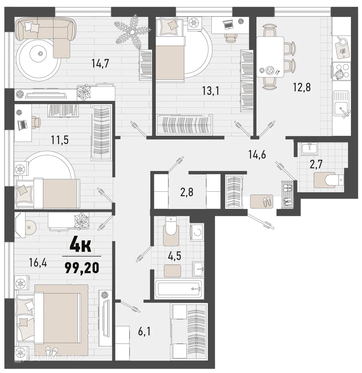 Планировка 4-комнатной квартиры 99.2 м² в ЖК Барса, г. Новороссийск — фото 1