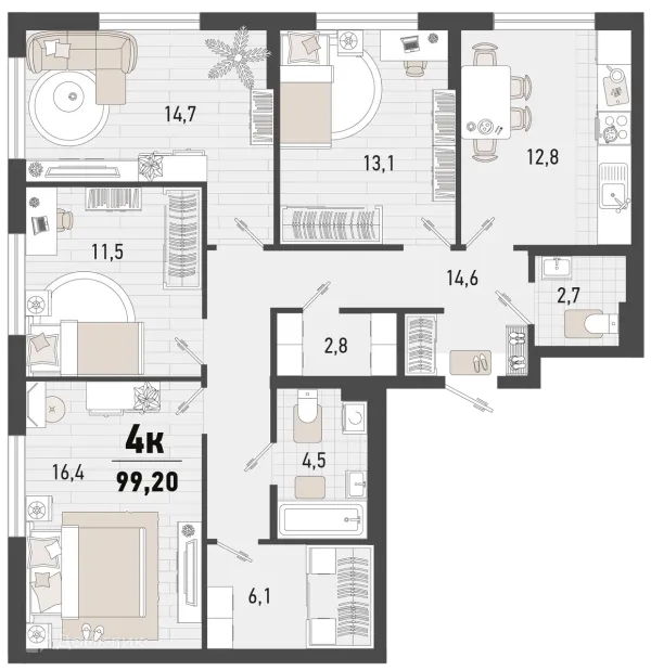 Планировка 4 комн. в ЖК Барса