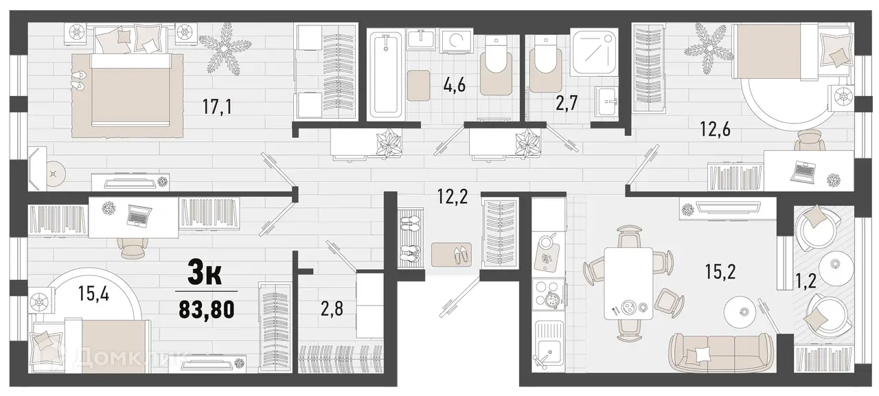 Планировка 3-комнатной квартиры 83.8 м² в ЖК Барса, г. Новороссийск — фото 1