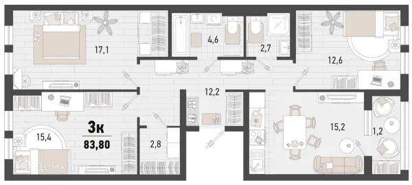 Планировка 3 комн. в ЖК Барса