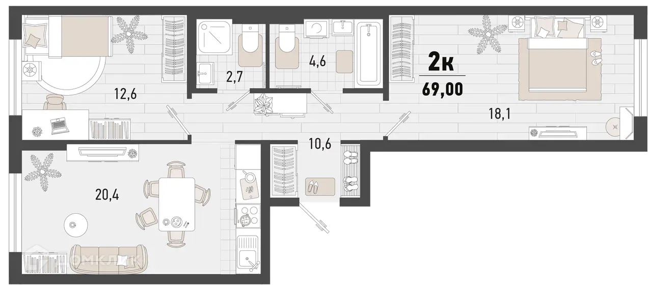 Планировка 2-комнатной квартиры 69 м² в ЖК Барса, г. Новороссийск — фото 1