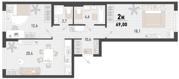 Планировка 2 комн. в ЖК Барса