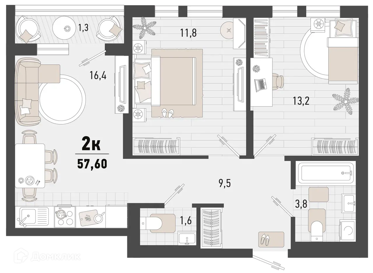 Планировка 2-комнатной квартиры 57.6 м² в ЖК Барса, г. Новороссийск — фото 1