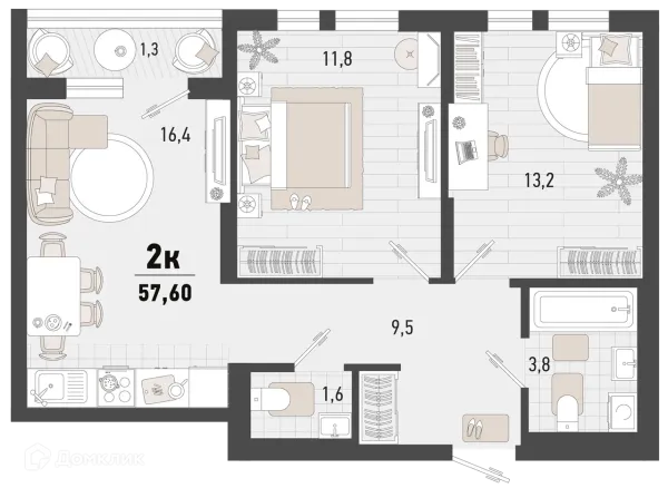 Планировка 2 комн. в ЖК Барса