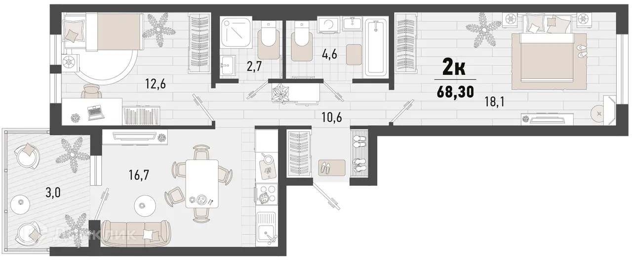 Планировка 2-комнатной квартиры 68.3 м² в ЖК Барса, г. Новороссийск — фото 1
