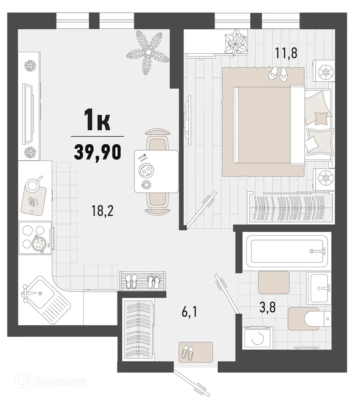 Планировка 1-комнатной квартиры 39.9 м² в ЖК Барса, г. Новороссийск — фото 1