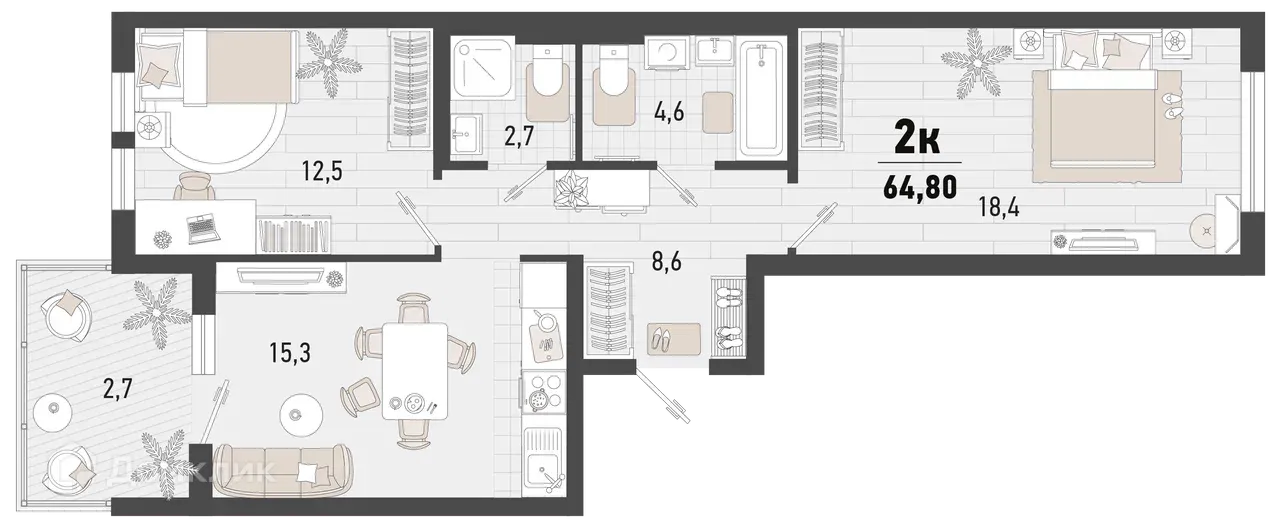Планировка 2-комнатной квартиры 64.8 м² в ЖК Барса, г. Новороссийск — фото 1
