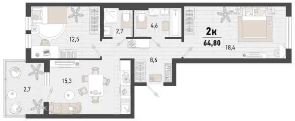 Планировка 2 комн. в ЖК Барса