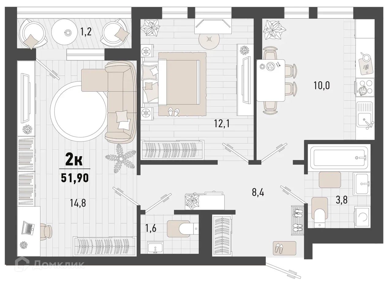 Планировка 2-комнатной квартиры 51.9 м² в ЖК Барса, г. Новороссийск — фото 1