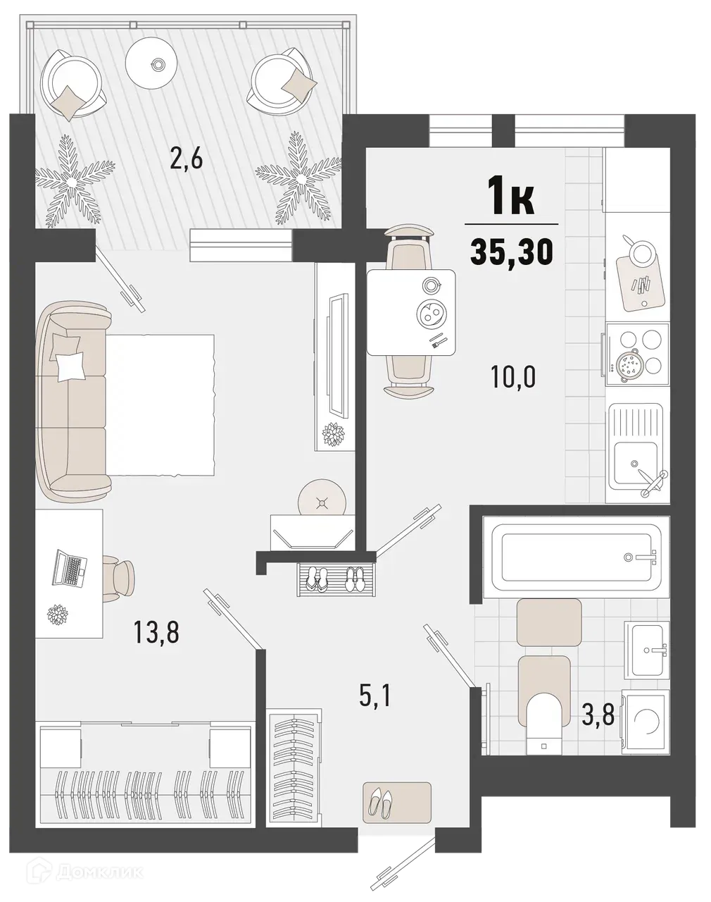 Планировка 1-комнатной квартиры 35.3 м² в ЖК Барса, г. Новороссийск — фото 1