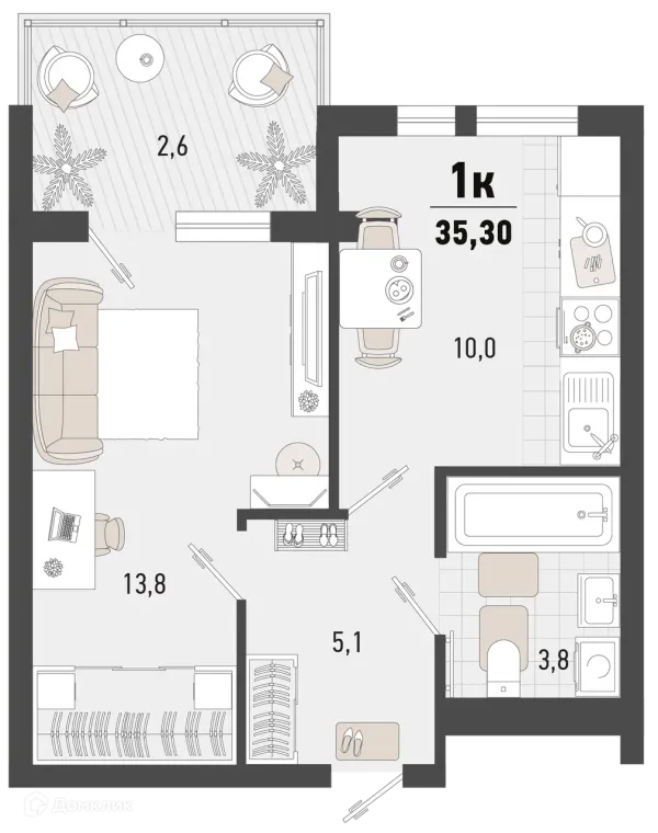 Планировка 1 комн. в ЖК Барса
