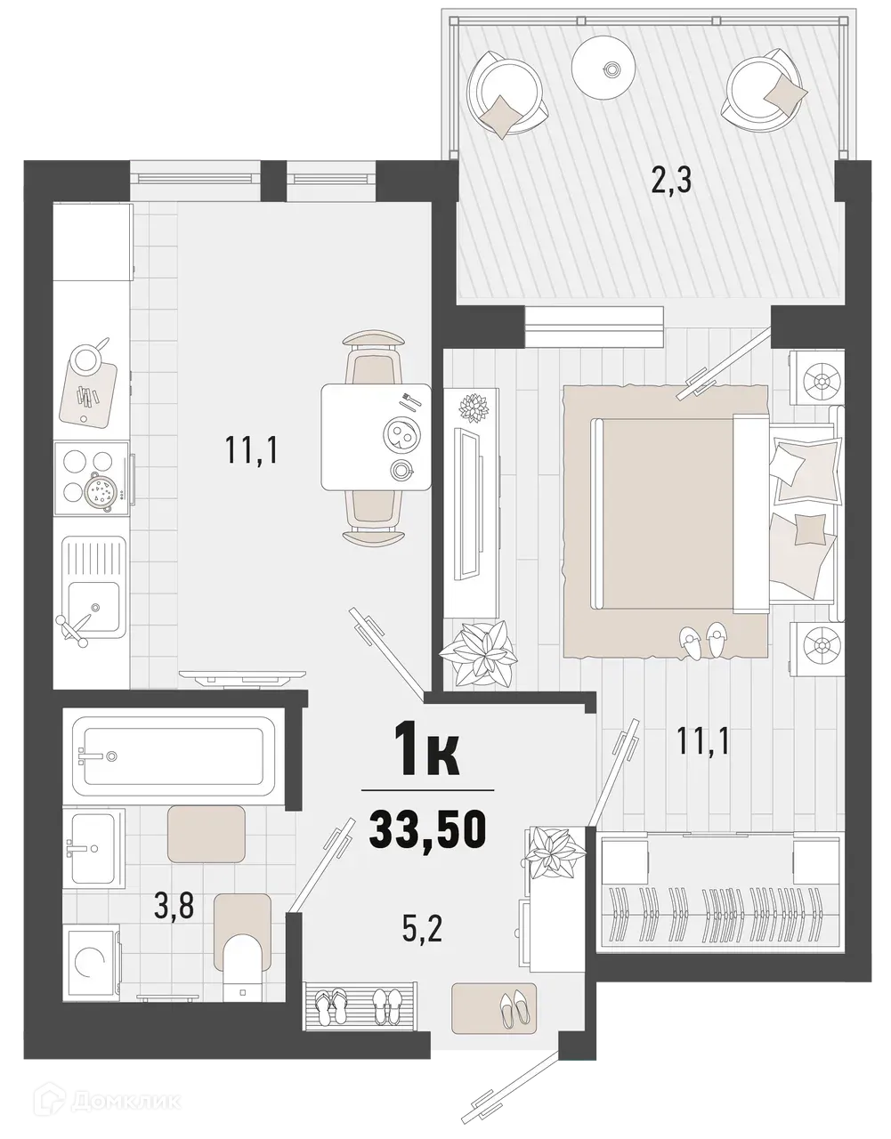 Планировка 1-комнатной квартиры 33.5 м² в ЖК Барса, г. Новороссийск — фото 1