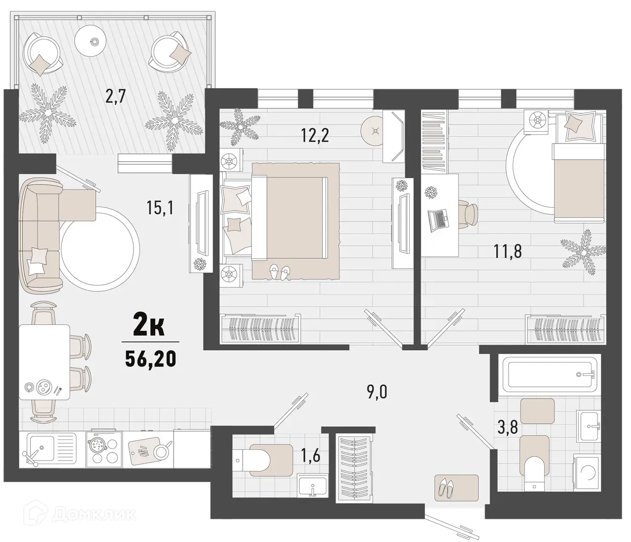 Планировка 2-комнатной квартиры 56 м² в ЖК Барса, г. Новороссийск — фото 1