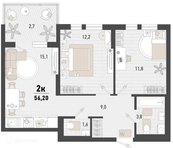 Планировка 2 комн. в ЖК Барса