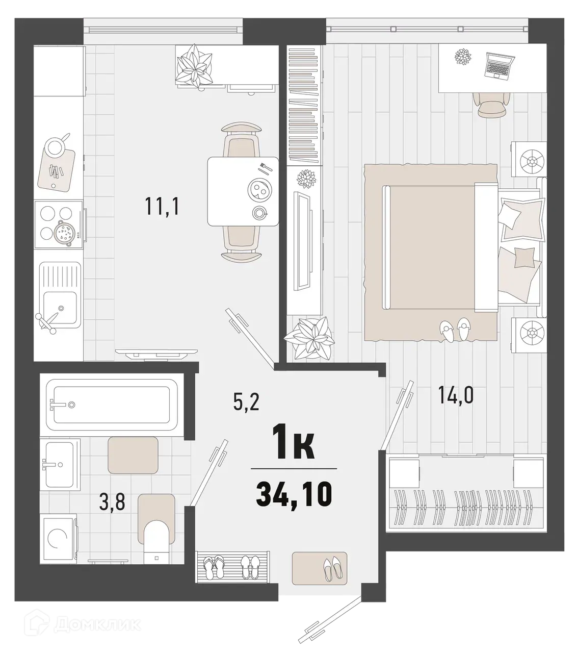 Планировка 1-комнатной квартиры 34.1 м² в ЖК Барса, г. Новороссийск — фото 1