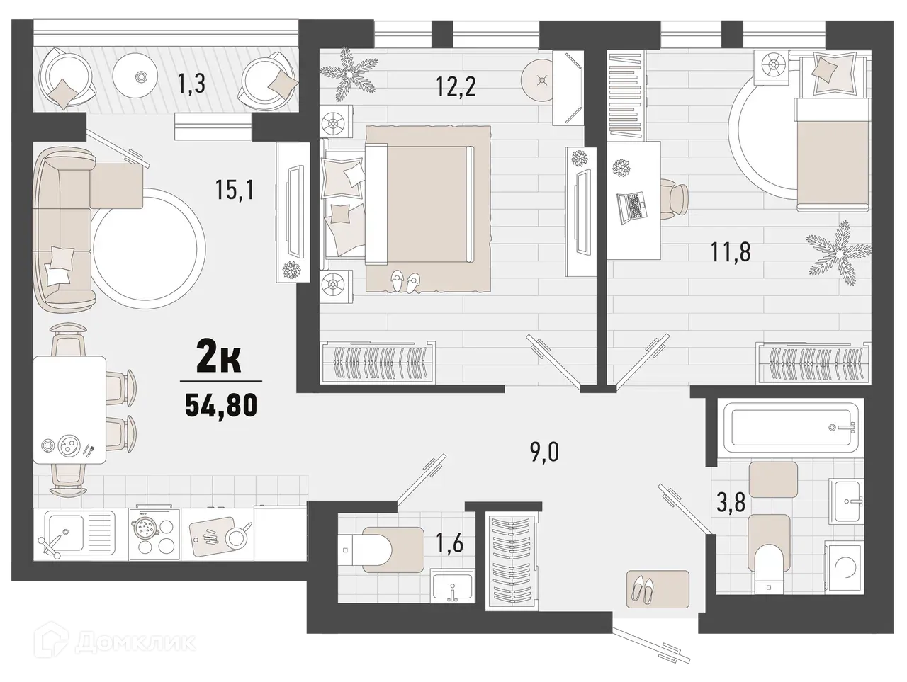 Планировка 2-комнатной квартиры 54.8 м² в ЖК Барса, г. Новороссийск — фото 1
