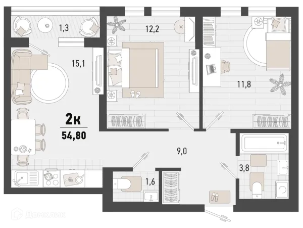 Планировка 2 комн. в ЖК Барса