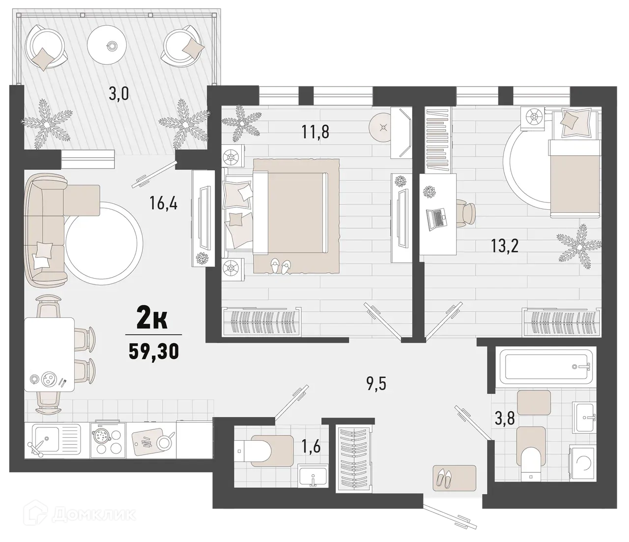 Планировка 2-комнатной квартиры 59.3 м² в ЖК Барса, г. Новороссийск — фото 1