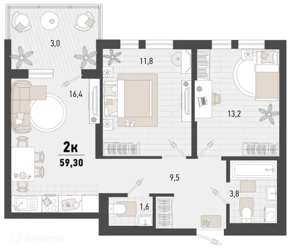 Планировка 2 комн. в ЖК Барса